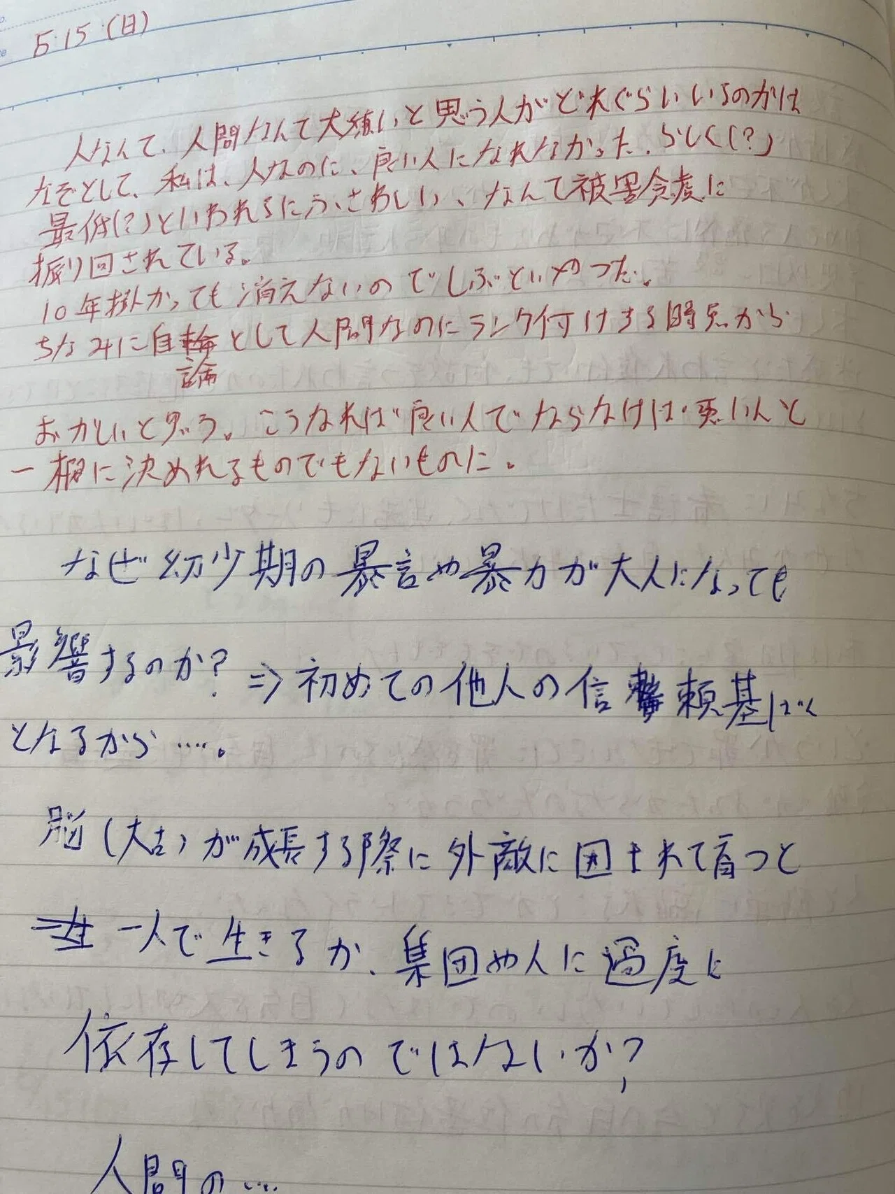 ノートのメモ:幼少期の暴言や暴力が大人になっても影響するかについて